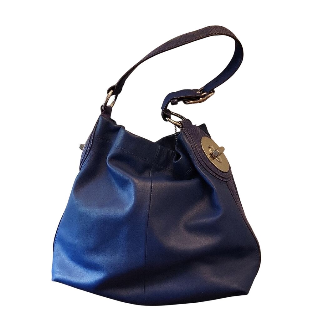 Coach Penelope F16535 Blue Leather Hobo Shoulder Bag Snakeskin Trim Silver Hardw